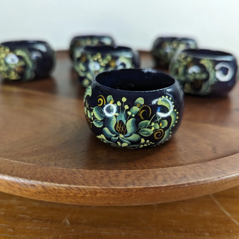 6 Vintage Hand Painted Wooden Napkin Rings Cobalt Blue Cream Lacquer Russian